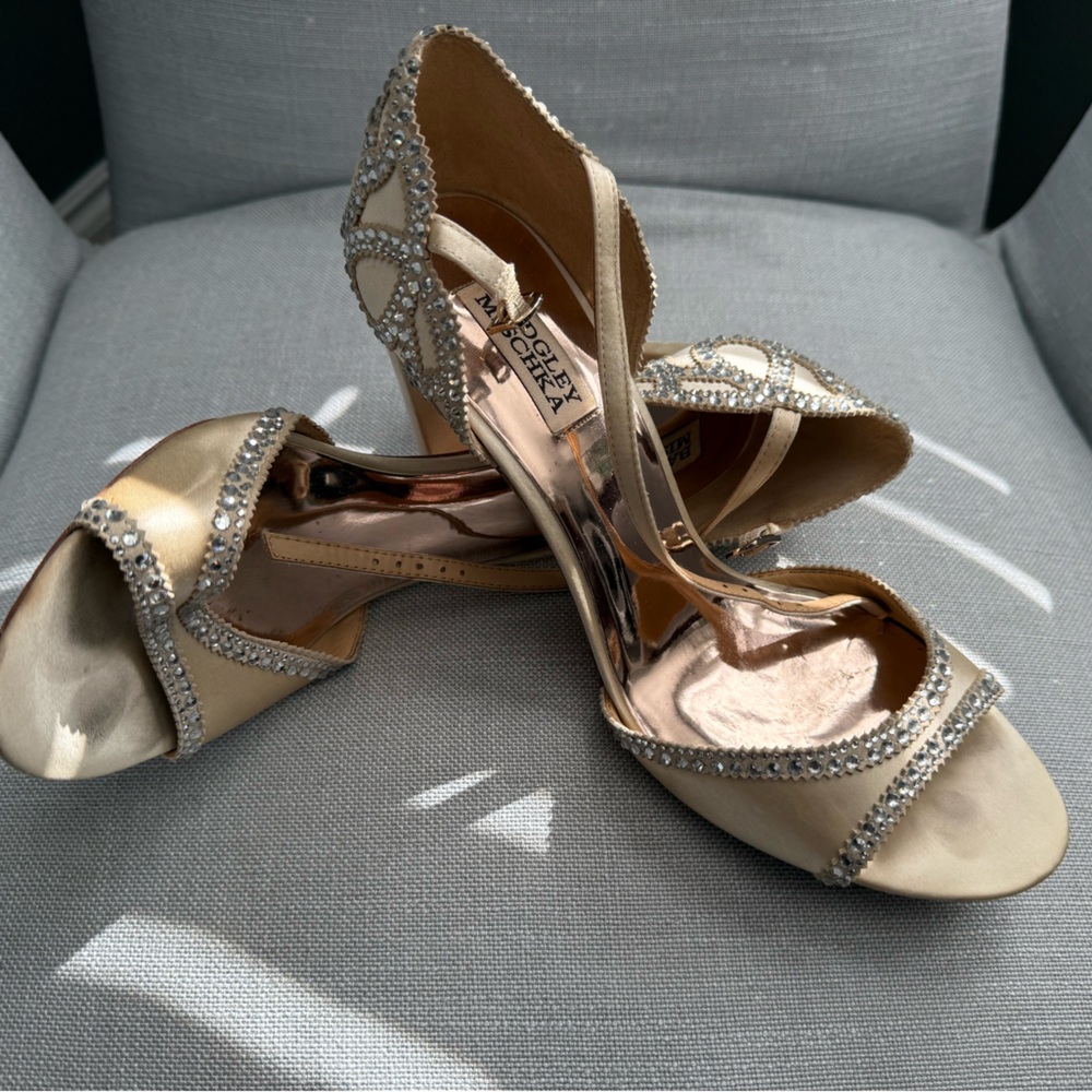 Badgley Mischka Roxy Ivory Satin Heels with Sparkling Accents